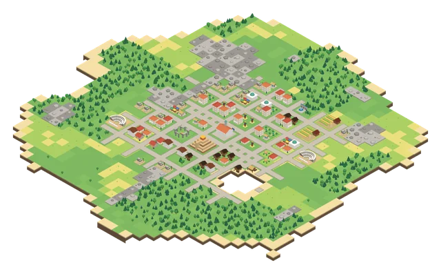 A Classical Age island: columned villas, amphitheaters and aqueducts.