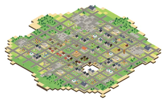 A Medieval island: timber townhouses gathered around stone towers and a cathedral.