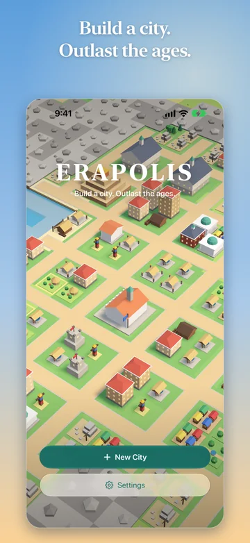 Title screen: Build a city. Outlast the ages. The New City and Settings buttons float over a grown island.