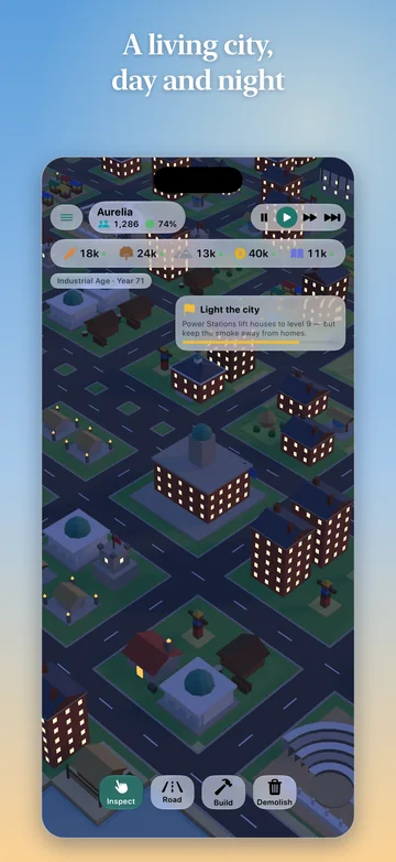 A living city, day and night: an Industrial city at night, its windows lit.