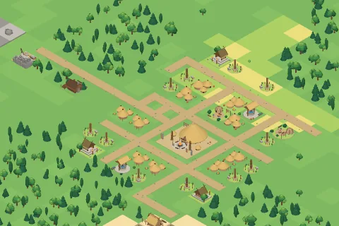 The town of a growing city of the Stone Age, rendered by the game.