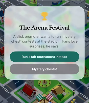 The Arena Festival event card in the game, with its choices