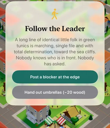 The Follow the Leader event card in the game, with its choices