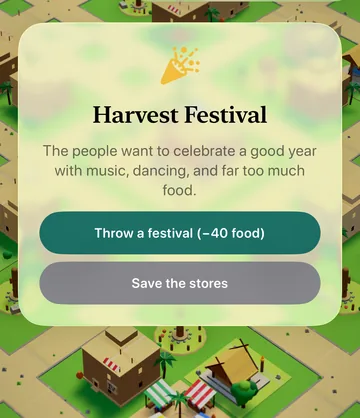 The Harvest Festival event card in the game, with its choices