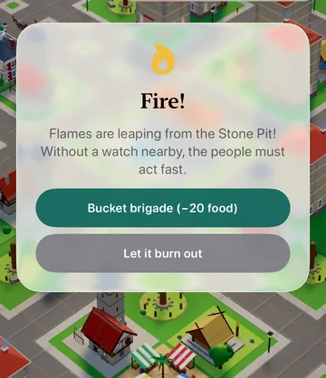 The Fire! event card in the game: flames at the Woodcutter's Lodge, with the choices Bucket brigade and Let it burn out.