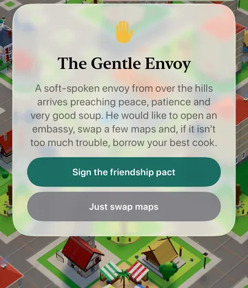 The Gentle Envoy event card in the game, with its choices
