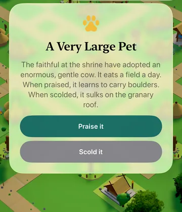 The A Very Large Pet event card in the game, with its choices
