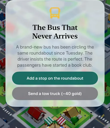 The Bus That Never Arrives event card in the game, with its choices