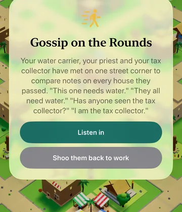 The Gossip on the Rounds event card in the game, with its choices