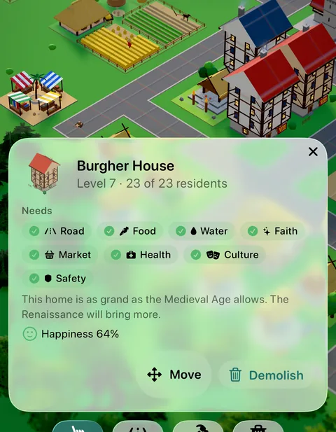 A Medieval home selected in the game, its inspector showing its needs and its happiness.