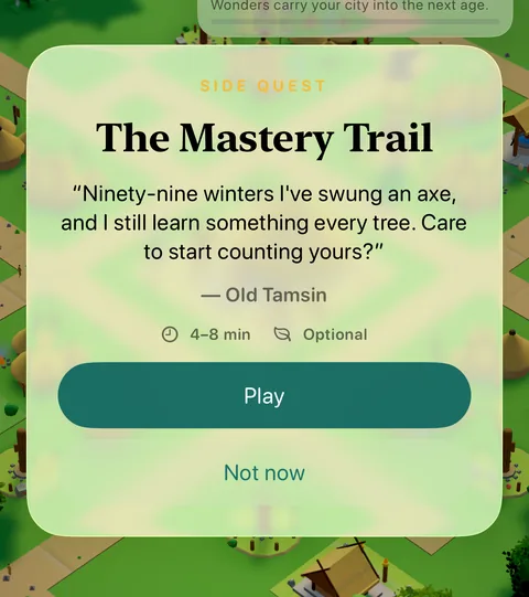 The invitation card for The Mastery Trail in the game: the quest's name, Old Tamsin's invitation in quotes, the estimated minutes, Optional, and the Play and Not now buttons.