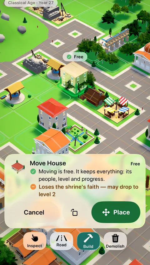 Moving a house in the game: the card reads Moving is free, it keeps everything, and warns that the home loses the shrine's faith and may drop to level 2.