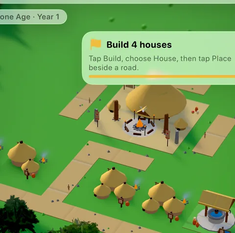 Stone Age homes and an upgraded building wearing wooden tally planks with carved notches.