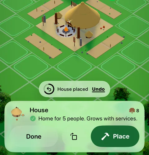 The Undo pill in the game, reading House placed with an Undo button and a ring running down.