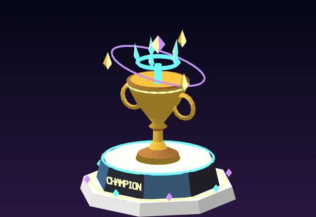 The Arena Champion statue: a gold trophy wreathed in holographic rings on a white plinth marked Champion.