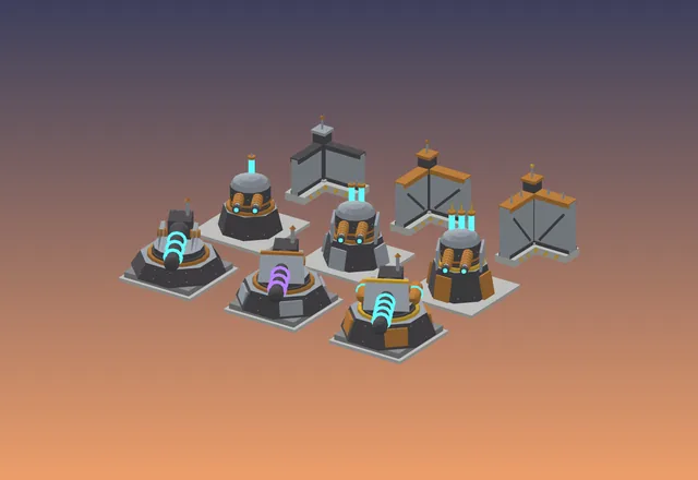 Walls, spark turrets and thunder cannons at each of their three marks.