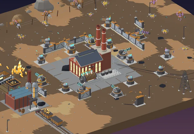 The Hold the Line field: a red-brick power plant and refinery ringed by walls and turrets on a dusty plain, with drone wrecks burning.