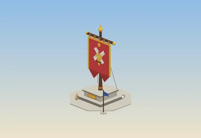 The Guild Banner: a red and gold banner on a tall pole above a stone plinth.
