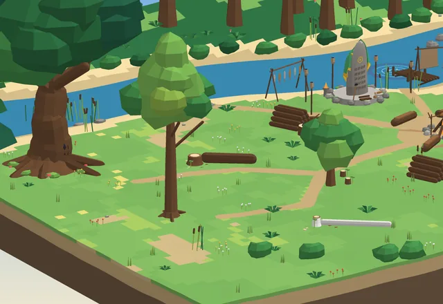 A grove of low-poly oaks and birches beside a river, with felled logs and a woodpile.