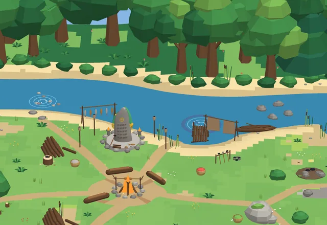 A river bend with fishing spots, a jetty and a stone circle path through the meadow.