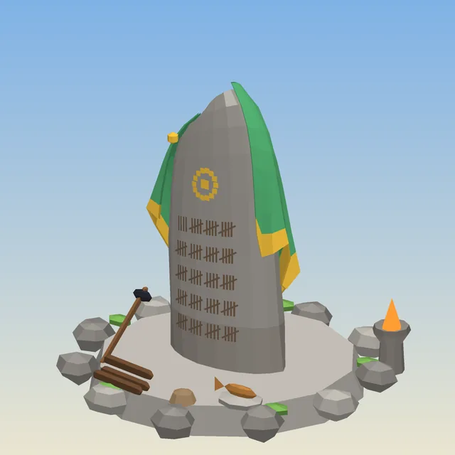 The Mastery Stone: a tall standing stone carved with rows of notches, a green and gold mantle over its shoulder.