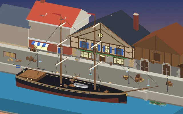 The Salty Parrot's harbour at dusk: a tall ship moored at a stone quay below timber-framed taverns and shops.