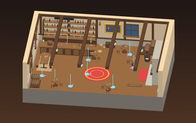 A cutaway of the tavern: the bar, barrels, tables, a fireplace and a duelling ring on the floor.